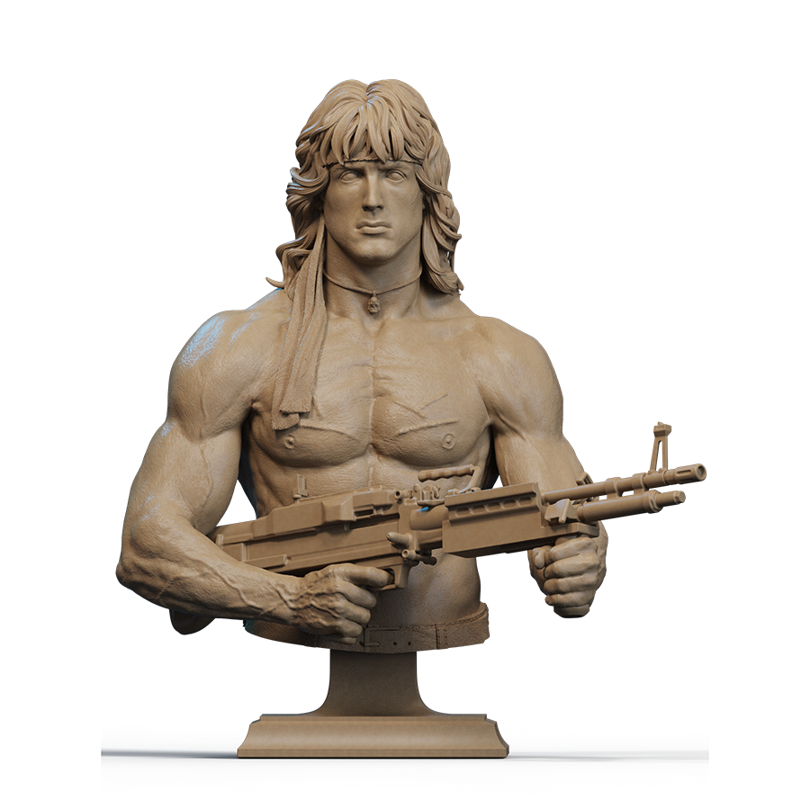 1/6 scale Rambo Bust – close-up view showing lifelike detail and intense expression in grey resin