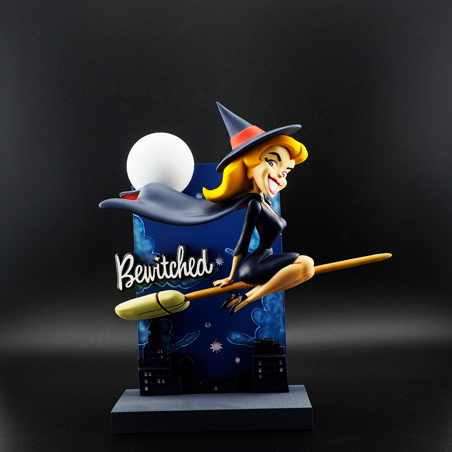 Bewitched Samantha model – unpainted and unassembled, captured mid-flight on broomstick in high-quality grey resin