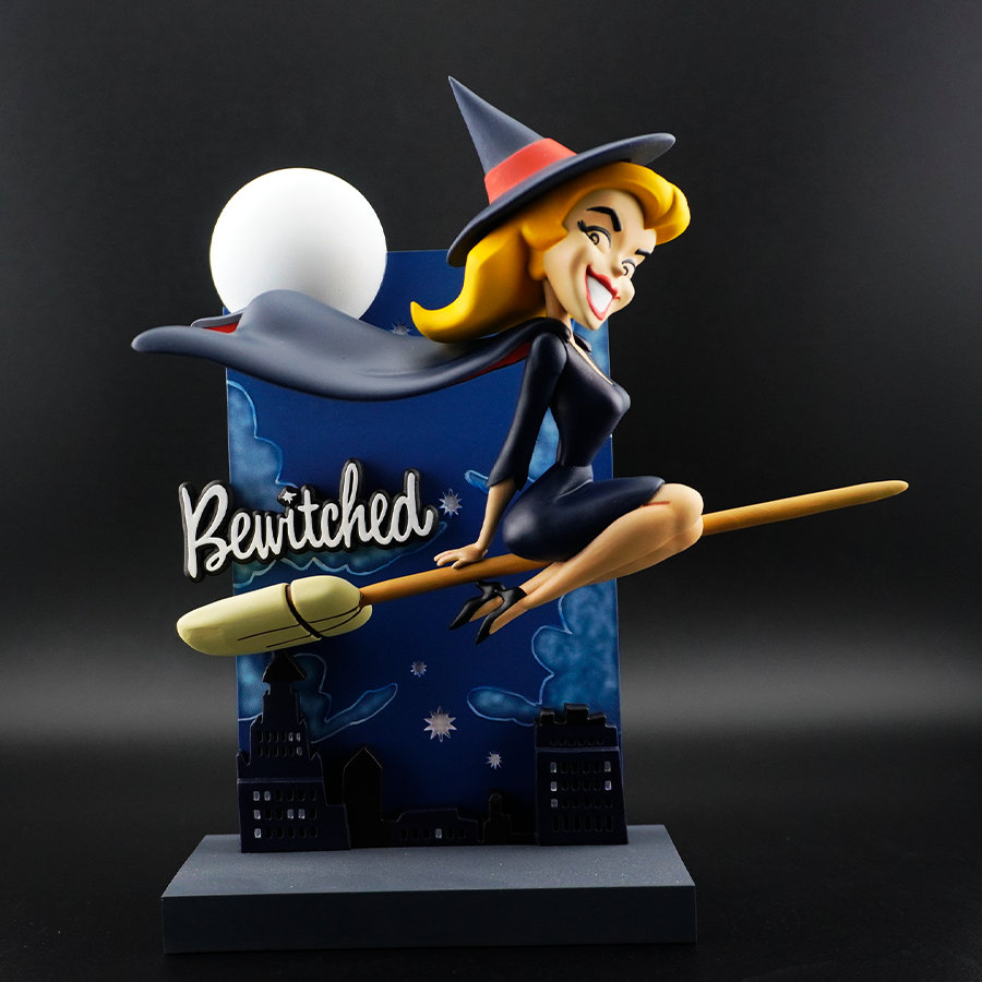 Bewitched Samantha model – unpainted and unassembled, captured mid-flight on broomstick in high-quality grey resin