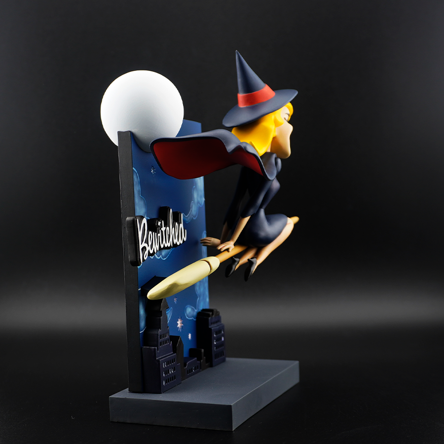 Bewitched Samantha model – unpainted and unassembled, captured mid-flight on broomstick in high-quality grey resin