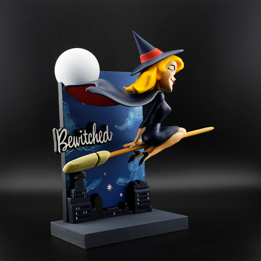 Bewitched Samantha model – unpainted and unassembled, captured mid-flight on broomstick in high-quality grey resin