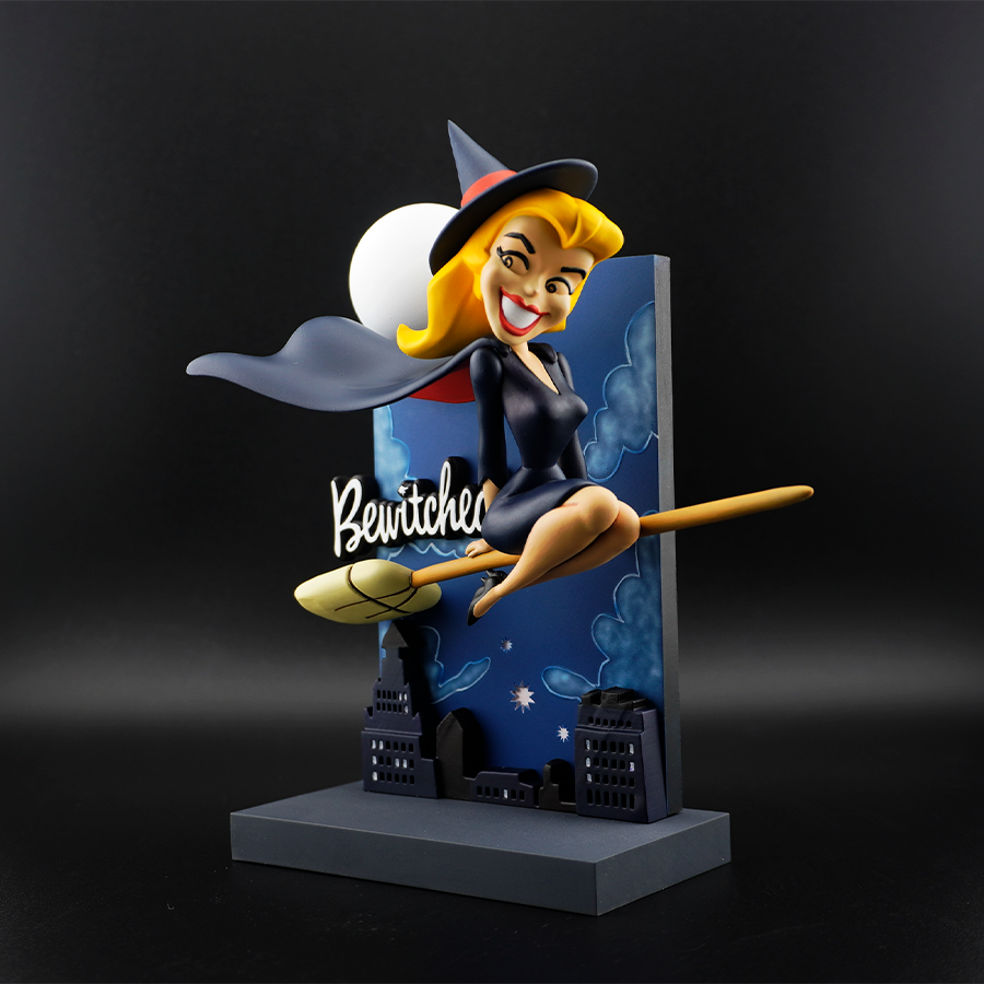 Bewitched Samantha model – unpainted and unassembled, captured mid-flight on broomstick in high-quality grey resin