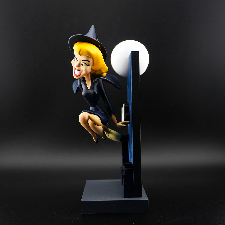 Bewitched Samantha model – unpainted and unassembled, captured mid-flight on broomstick in high-quality grey resin