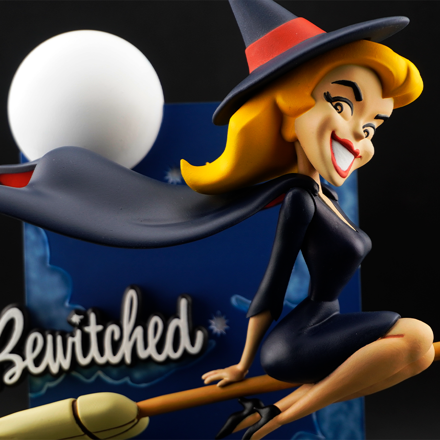 Bewitched Samantha model – unpainted and unassembled, captured mid-flight on broomstick in high-quality grey resin