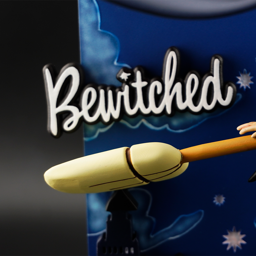 Bewitched Samantha model – unpainted and unassembled, captured mid-flight on broomstick in high-quality grey resin