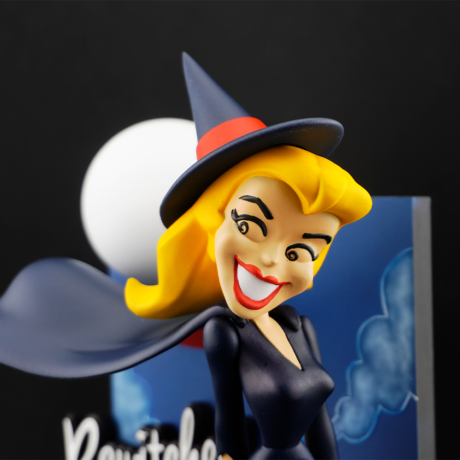 Bewitched Samantha model – unpainted and unassembled, captured mid-flight on broomstick in high-quality grey resin