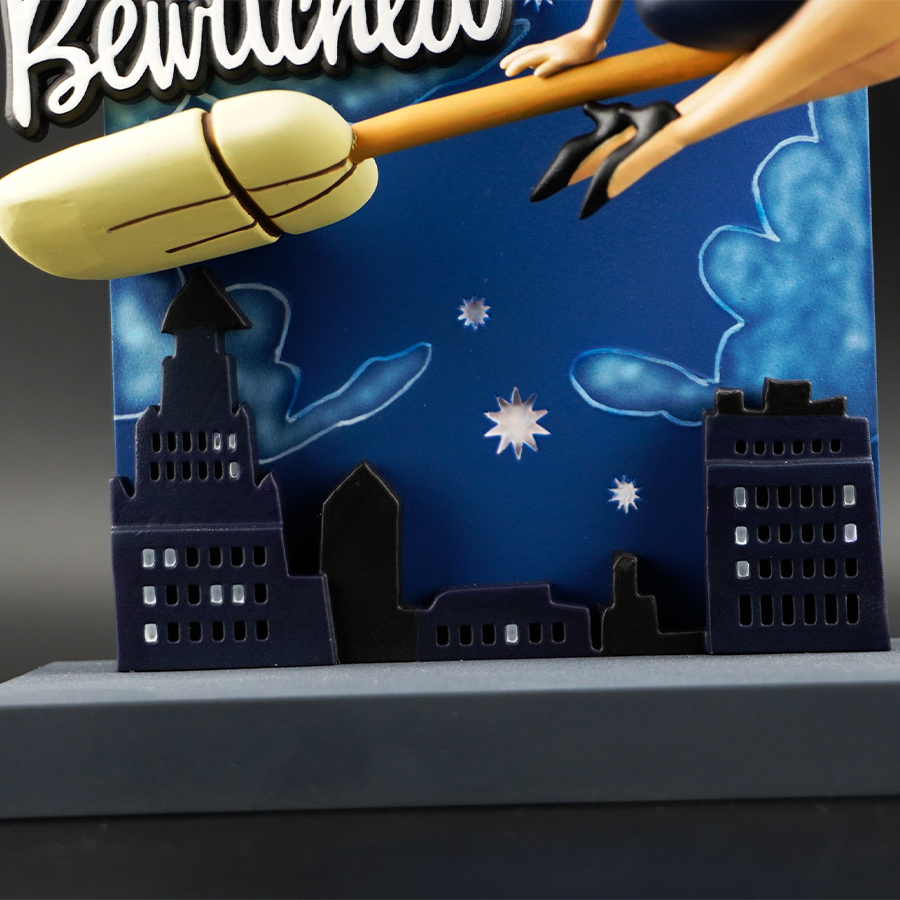 Bewitched Samantha model – unpainted and unassembled, captured mid-flight on broomstick in high-quality grey resin