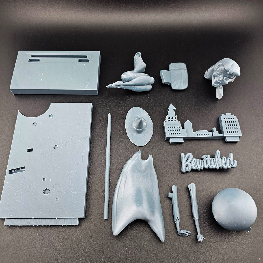 Bewitched Samantha model – unpainted and unassembled, captured mid-flight on broomstick in high-quality grey resin