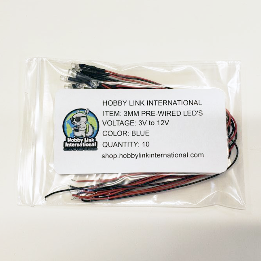 Pack of 10 Blue 3mm pre-wired resistored LEDs rated for 3V to 12V model kits and electronics projects.