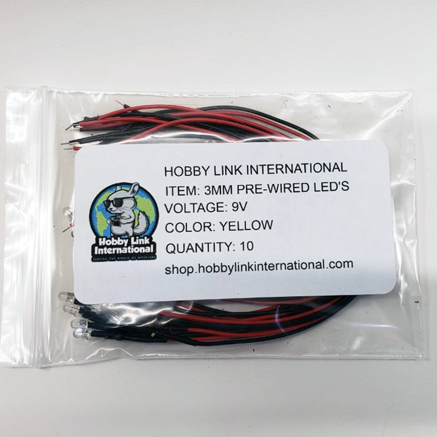 Pack of 10 Yellow 3mm pre-wired resistored LEDs rated for 3V to 12V model kits and electronics projects.