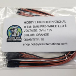 Pack of 10 Orange 3mm pre-wired resistored LEDs rated for 3V to 12V model kits and electronics projects.