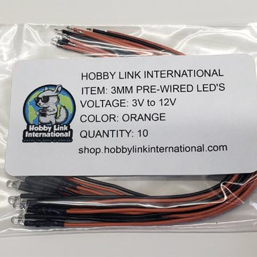 Pack of 10 Orange 3mm pre-wired resistored LEDs rated for 3V to 12V model kits and electronics projects.
