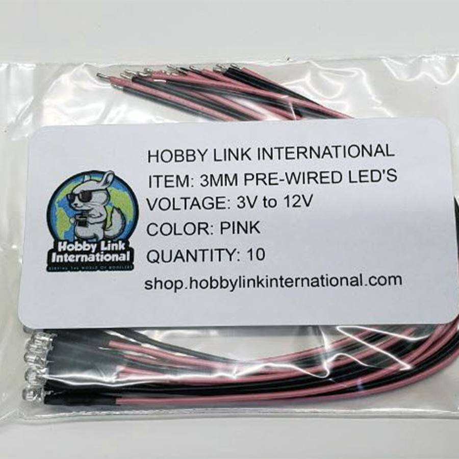 Pack of 10 Pink 3mm pre-wired resistored LEDs rated for 3V to 12V model kits and electronics projects.