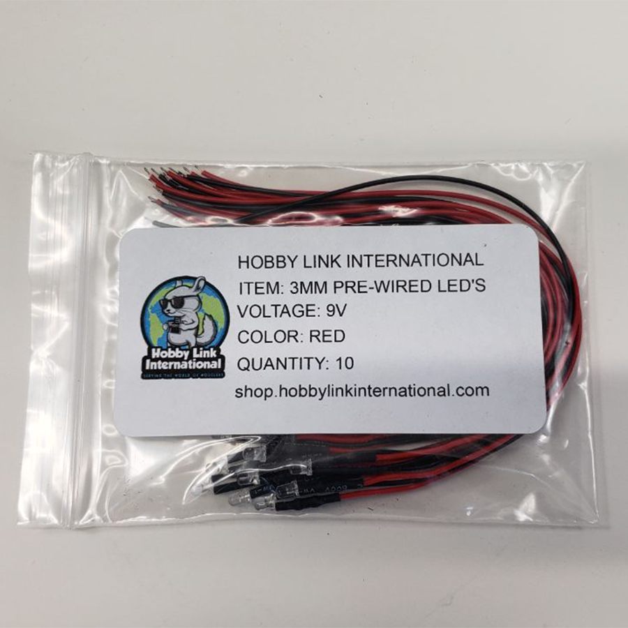 Pack of 10 red 3mm pre-wired resistored LEDs rated for 3V to 12V model kits and electronics projects.