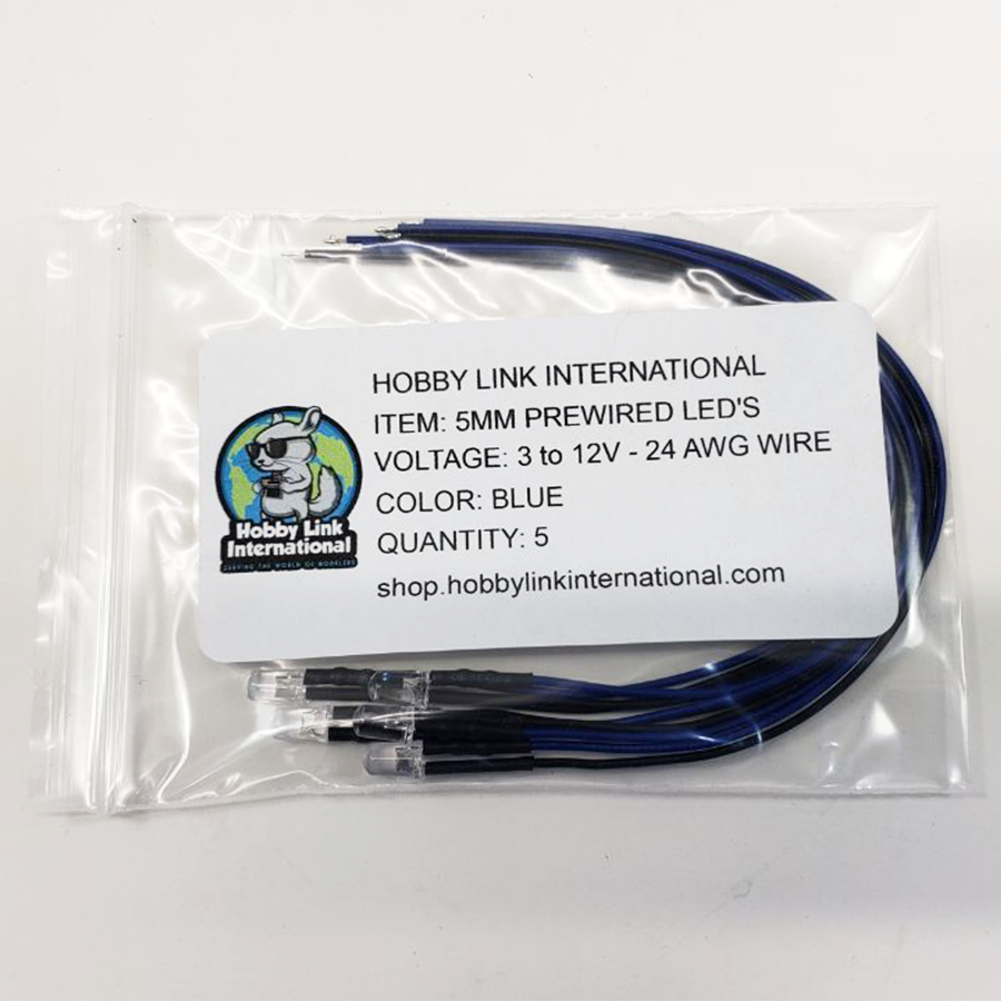 Pack of 5 blue 5mm pre-wired resistored LEDs rated for 3V to 12V model kits and electronics projects.