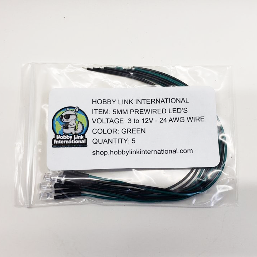 Pack of 5 green 5mm pre-wired resistored LEDs rated for 3V to 12V model kits and electronics projects.