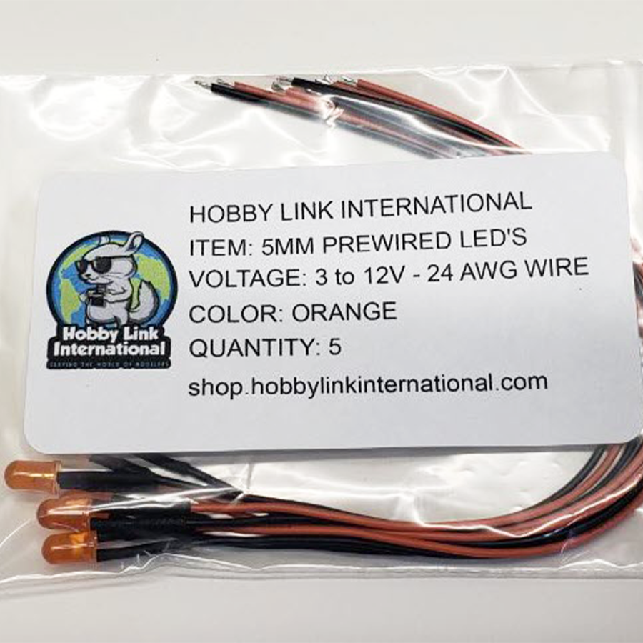 Pack of 5 orange 5mm pre-wired resistored LEDs rated for 3V to 12V model kits and electronics projects.