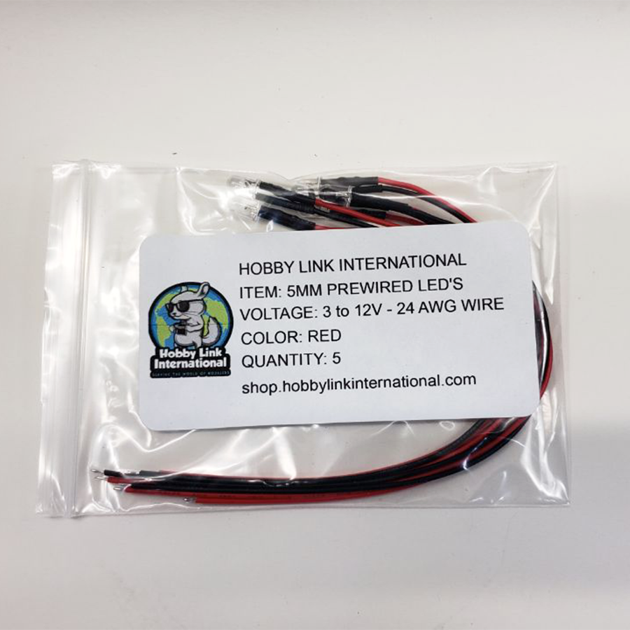 Pack of 5 red 5mm pre-wired resistored LEDs rated for 3V to 12V model kits and electronics projects.