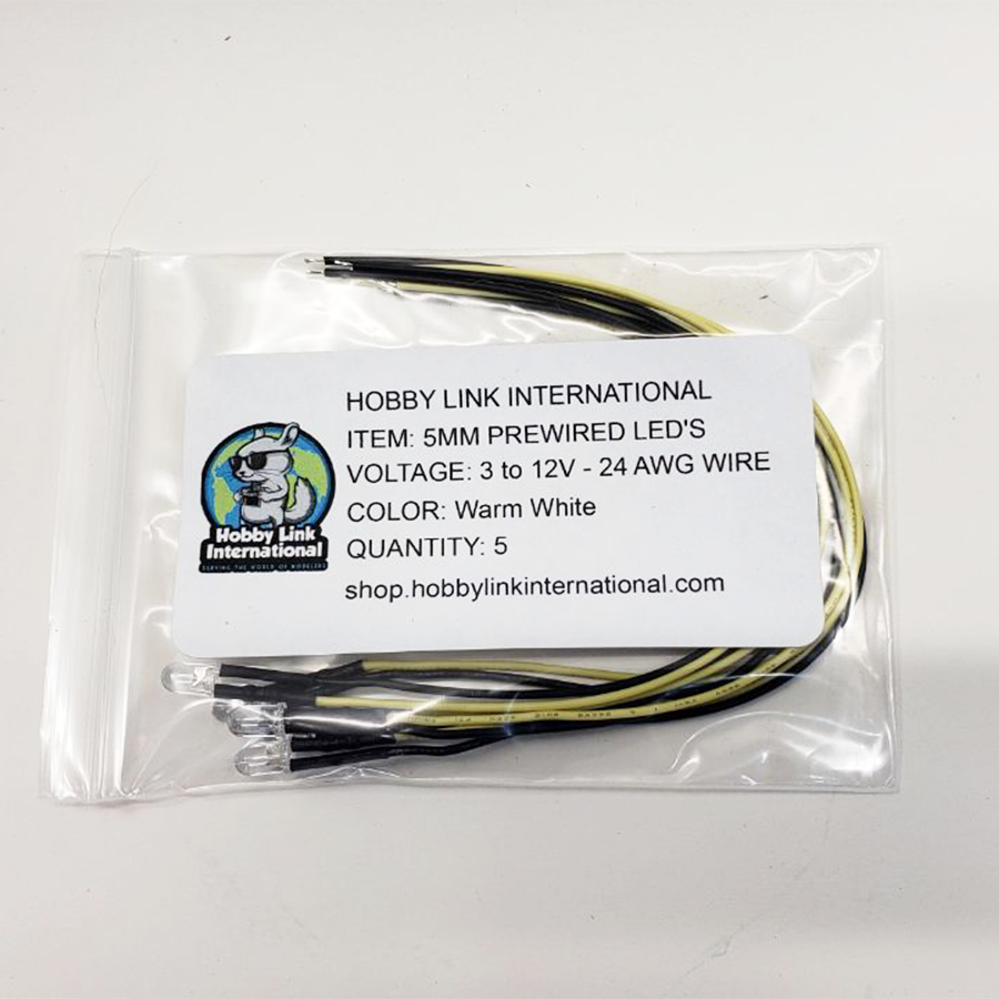 Pack of 5 warm white 5mm pre-wired resistored LEDs rated for 3V to 12V model kits and electronics projects.