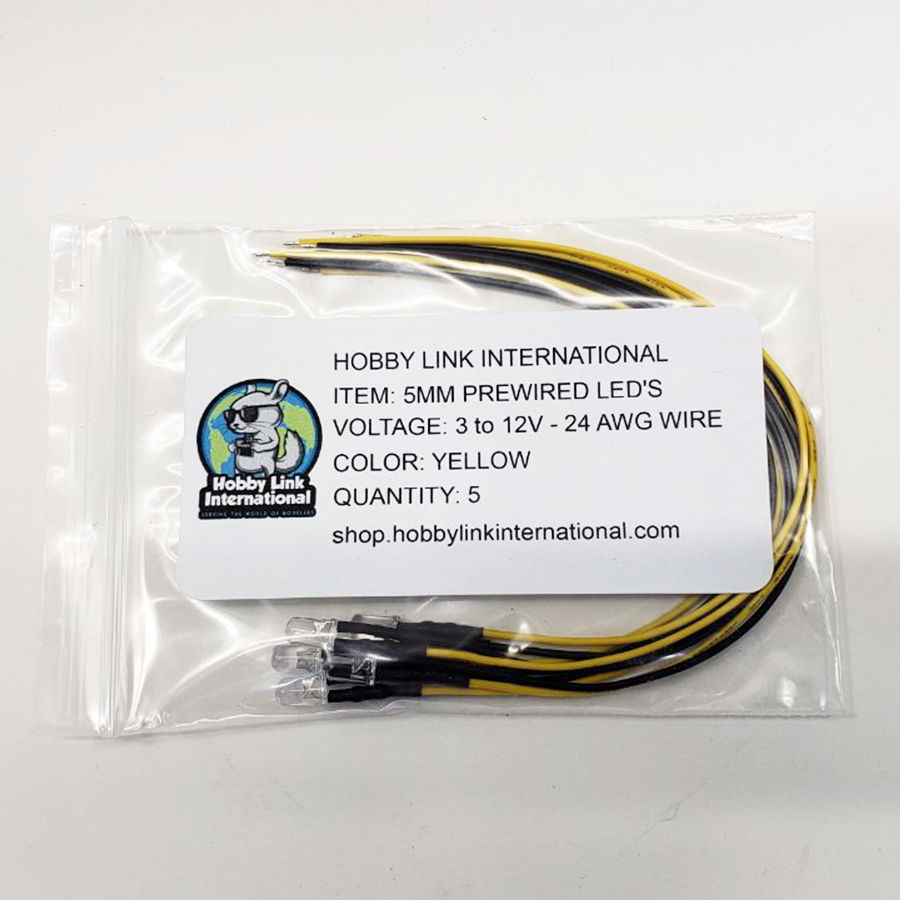 Pack of 5 yellow 5mm pre-wired resistored LEDs rated for 3V to 12V model kits and electronics projects.