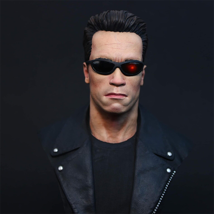 1/6 scale grey resin Terminator bust by CA3D, unpainted and unassembled, with painted sample by Joe Hudson