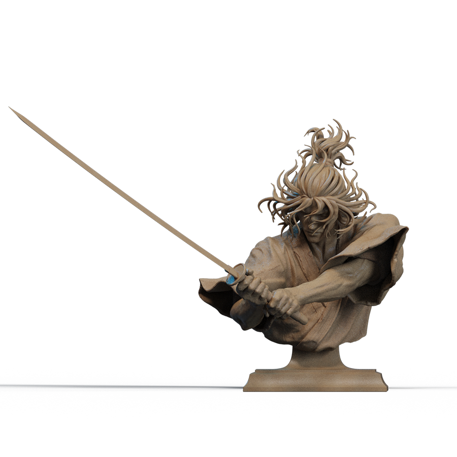 Unpainted Miyamoto Musashi resin bust kit featuring topknot and traditional robes