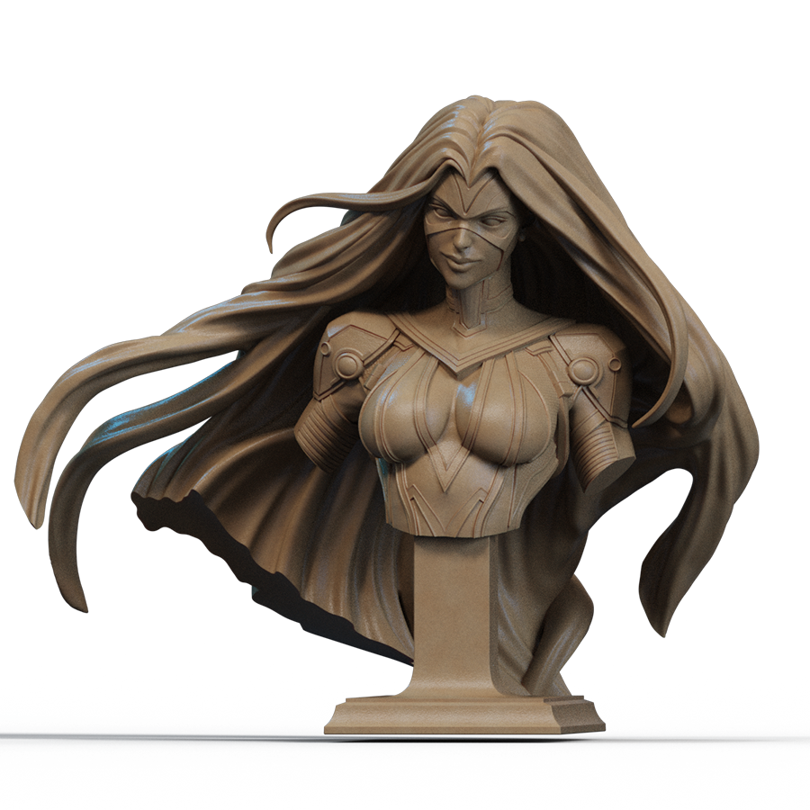 Bust of Medusa from Marvel’s Inhumans with flowing hair and armored costume, sculpted by CA3D