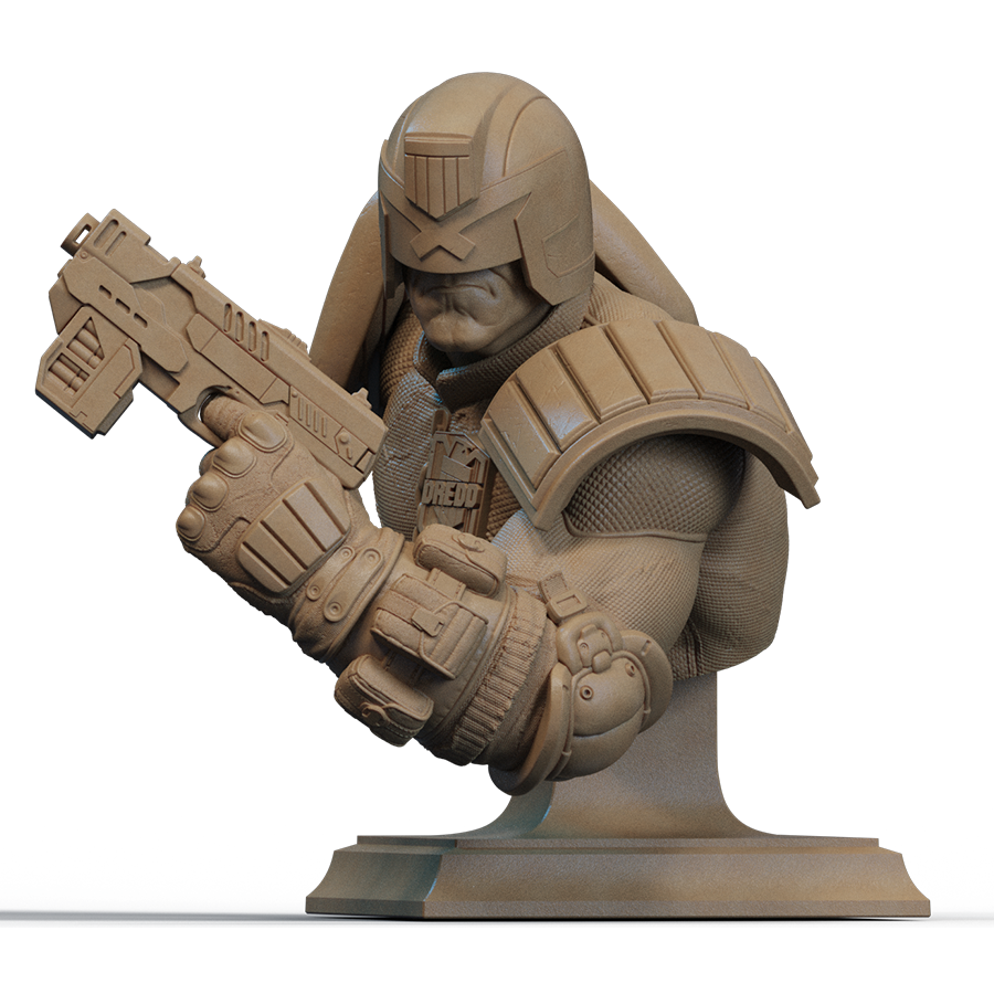 Judge Dredd resin bust in comic book style with helmet and futuristic armor, sculpted by CA3D