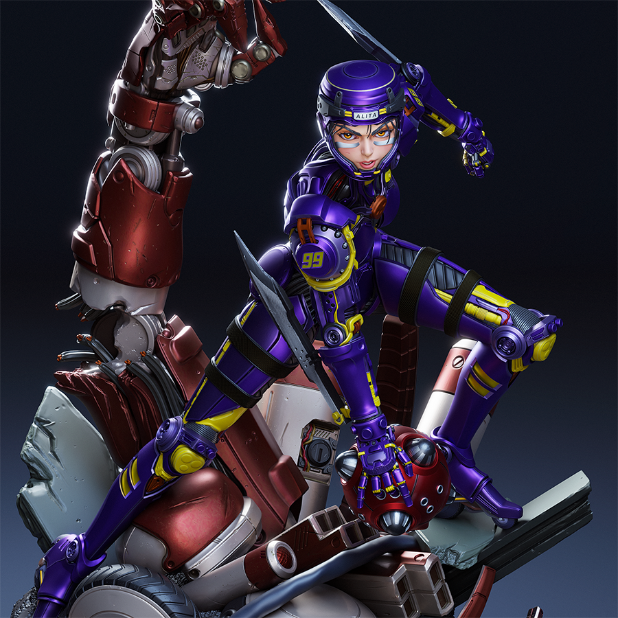 Full-body resin figure of Alita in cybernetic armor and combat pose, sculpted by CA3D