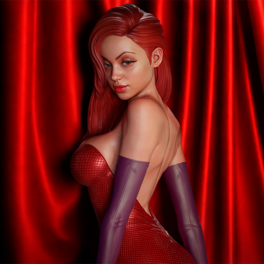 Jessica Rabbit full figure in red dress holding microphone, sculpted by CA3D