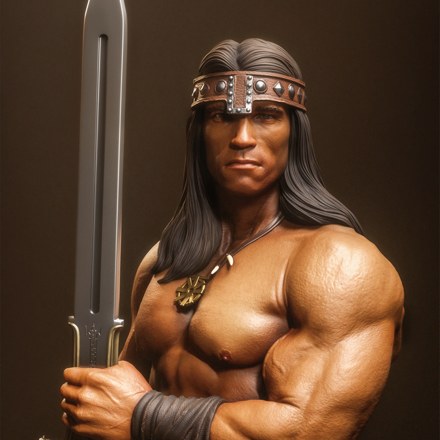 Resin figure of Conan the Barbarian holding a sword upright on a rocky base
