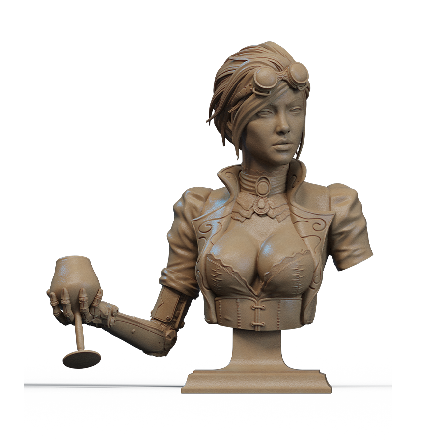 Unpainted resin kit of Lady Mechanika bust showing figure and base parts