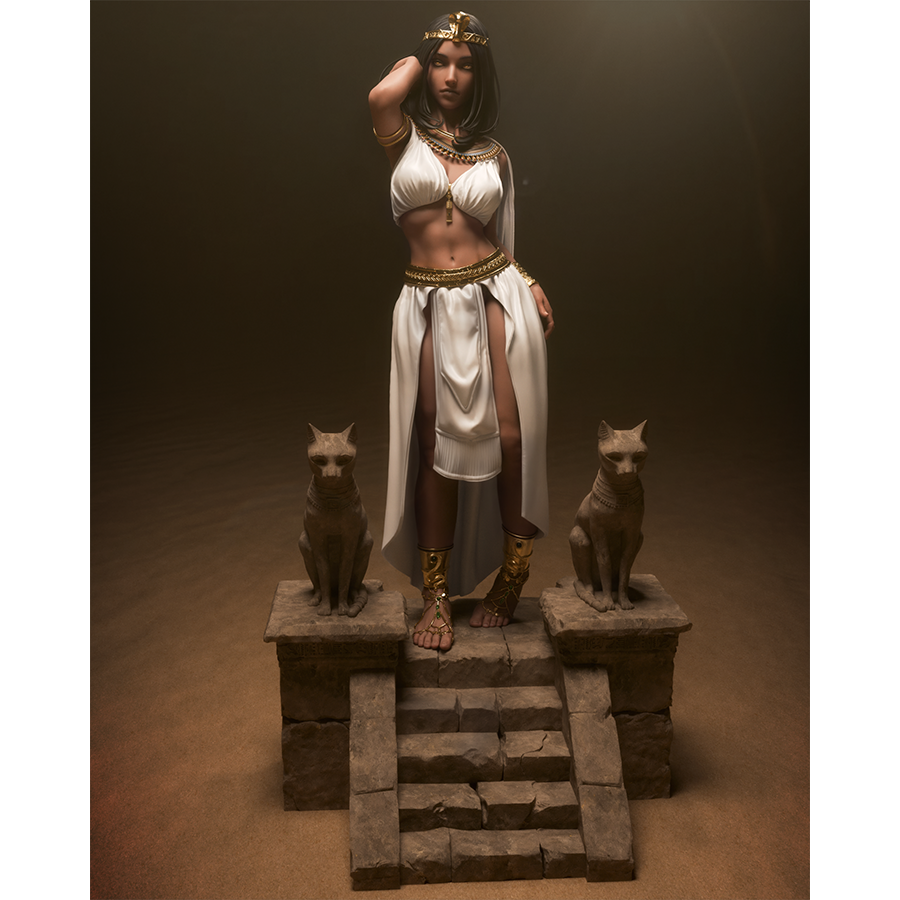 Resin figure of Cleopatra in ancient Egyptian dress, standing on themed base