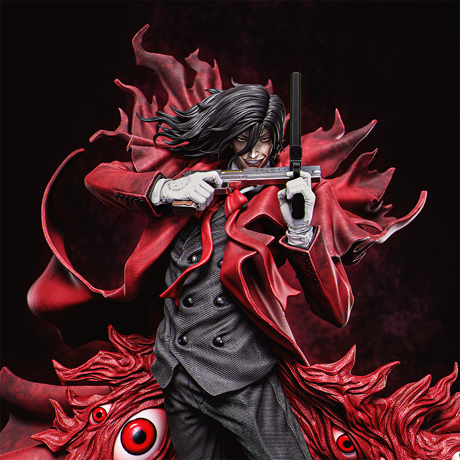 Resin figure of Alucard from Hellsing with coat, hat, and pistols drawn on gothic base