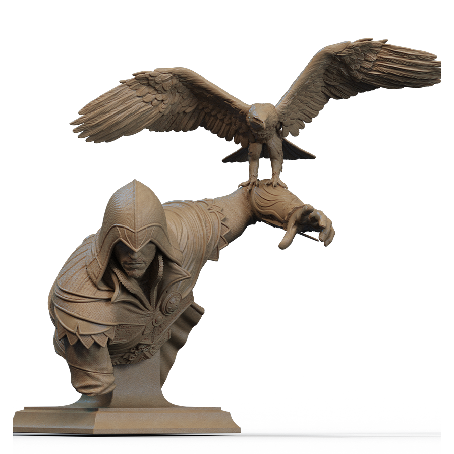 Ezio bust from Assassin’s Creed with raised arm and bird perched on gauntlet