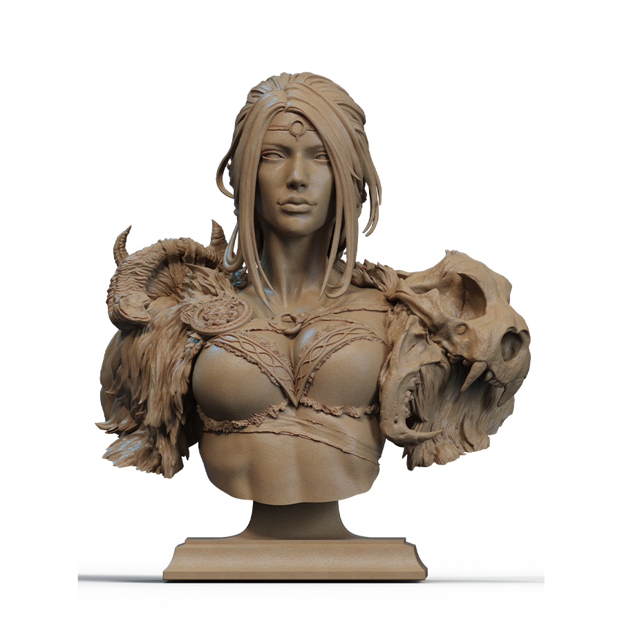 Barbarian Queen resin bust with armor, flowing hair, and fierce expression