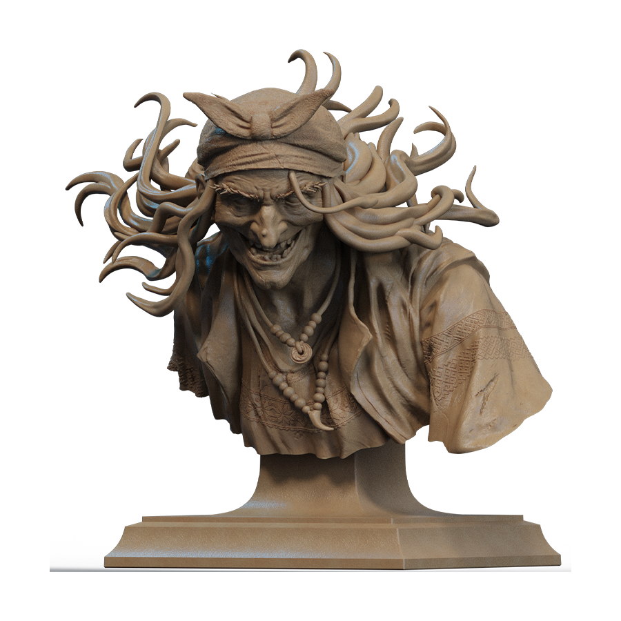 Baba Yaga resin bust with wild hair and aged expression, inspired by Slavic mythology
