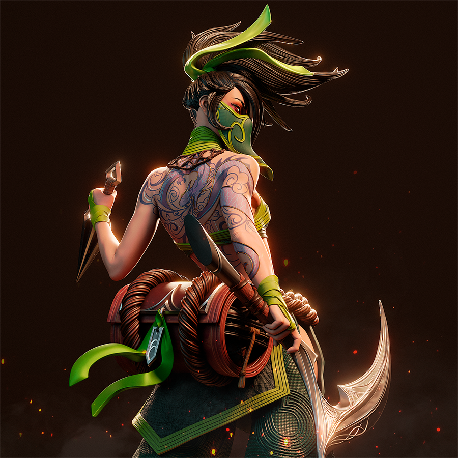 Akali full figure from League of Legends in dynamic ninja pose with dual weapons