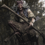 Full resin figure of Baba Yaga with wild hair and robes, standing on a folklore-themed base