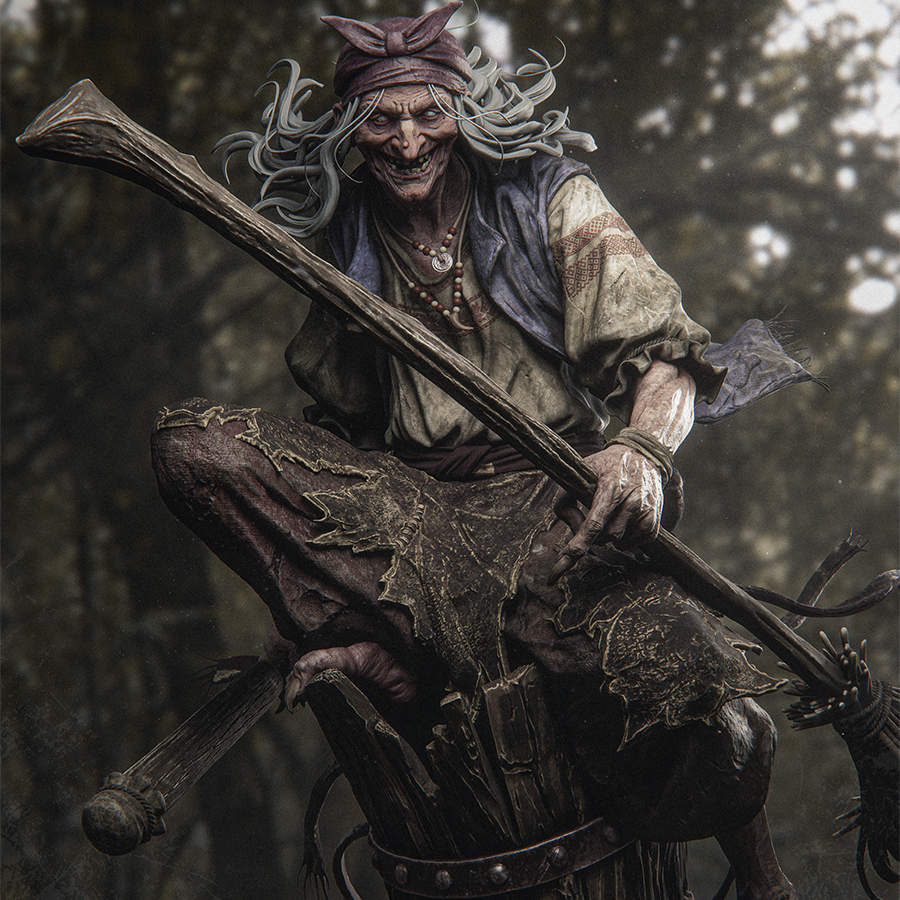 Full resin figure of Baba Yaga with wild hair and robes, standing on a folklore-themed base