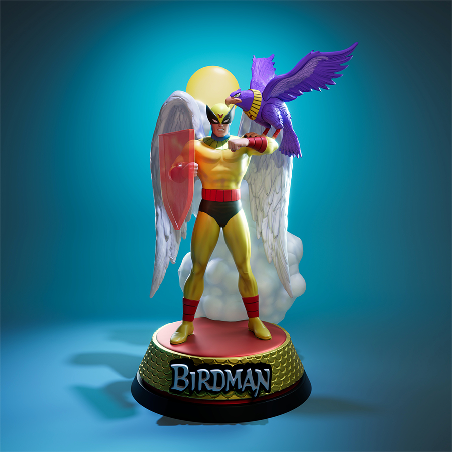 Birdman resin figure in heroic pose with wings and visor, inspired by classic cartoons