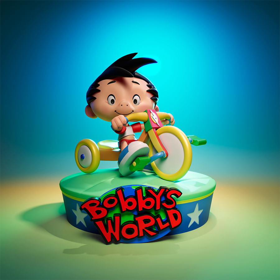 Bobby from Bobby’s World riding a 3-wheeler resin figure in cartoon style