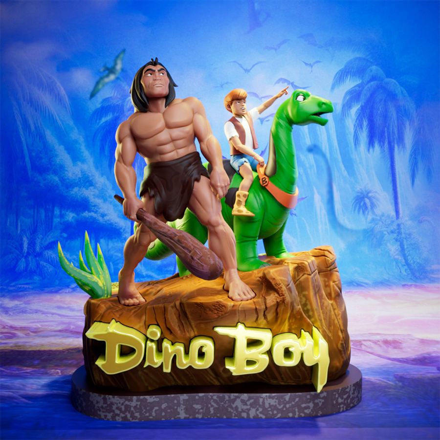 Dino Boy diorama with boy riding brontosaurus and caveman companion in cartoon style