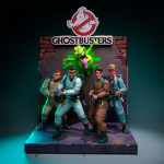 Full Real Ghostbusters diorama with all four characters, city base, Slimer busting through wall, and Ghostbusters logo on top