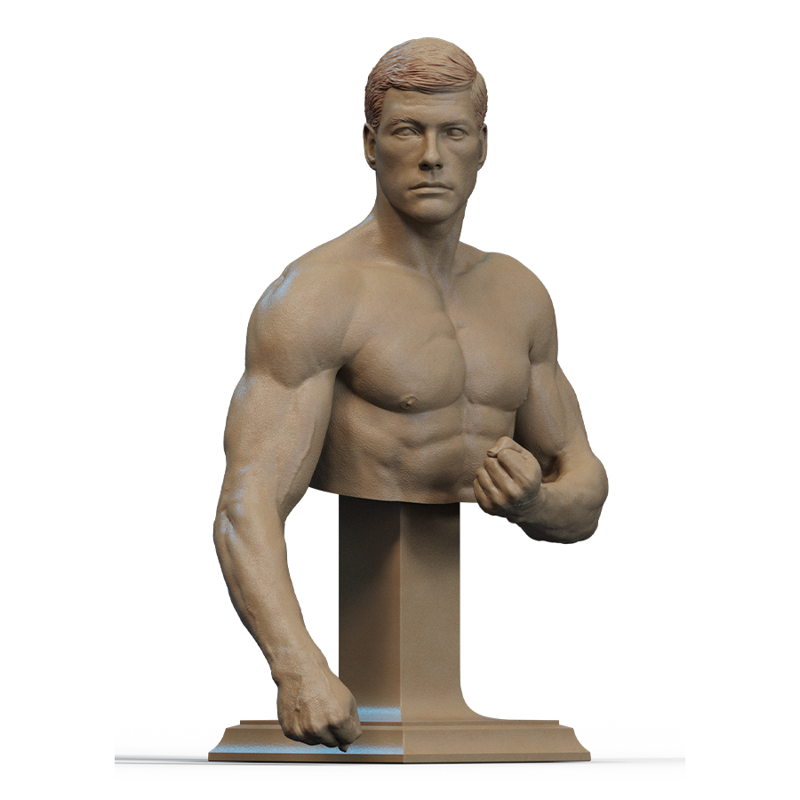 Unpainted Frank Dux bust kit in grey resin showing bust and base