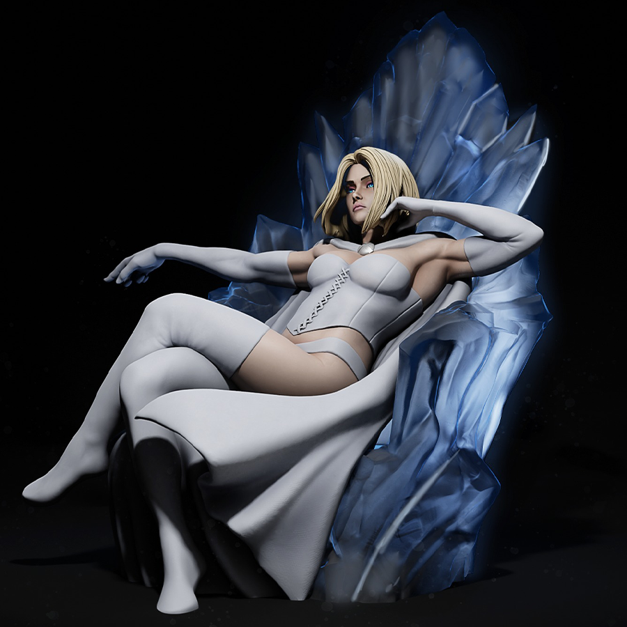 Unassembled Emma Frost resin model kit with detailed cape and body parts