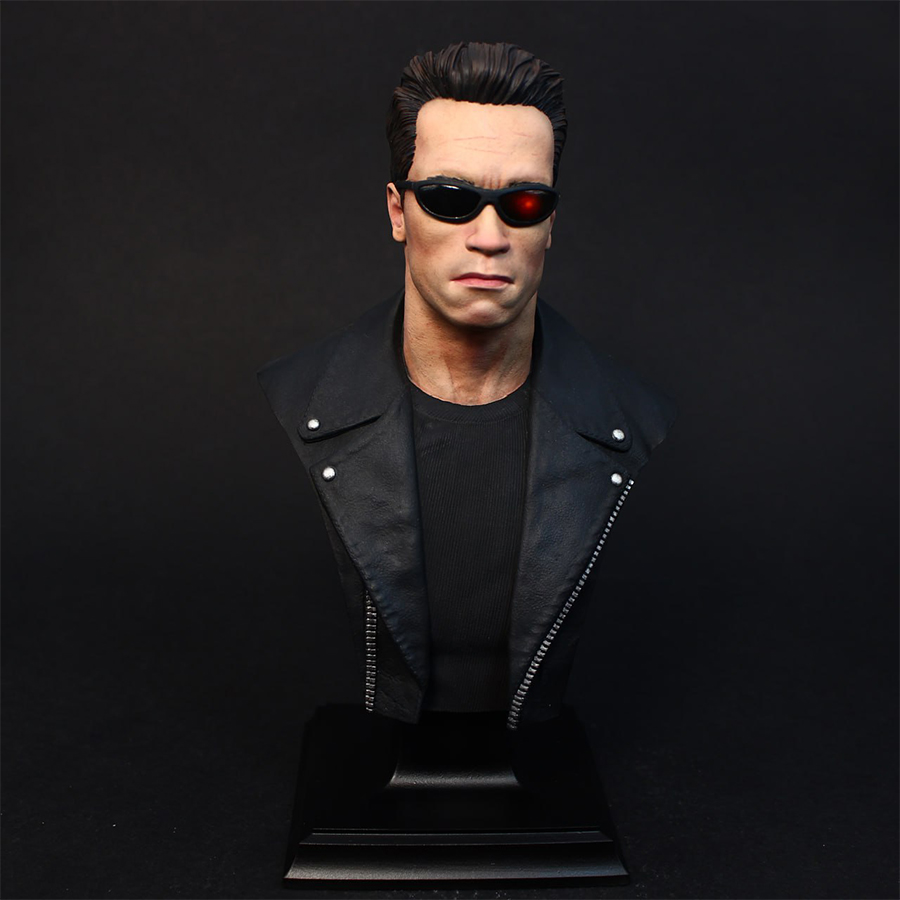 1/6 scale grey resin Terminator bust by CA3D, unpainted and unassembled, with painted sample by Joe Hudson