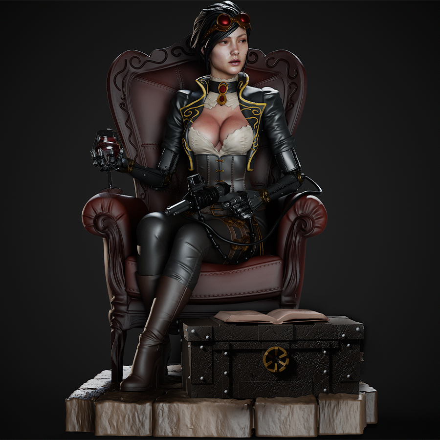 Unassembled resin kit of Lady Mechanika showing gear and clothing details