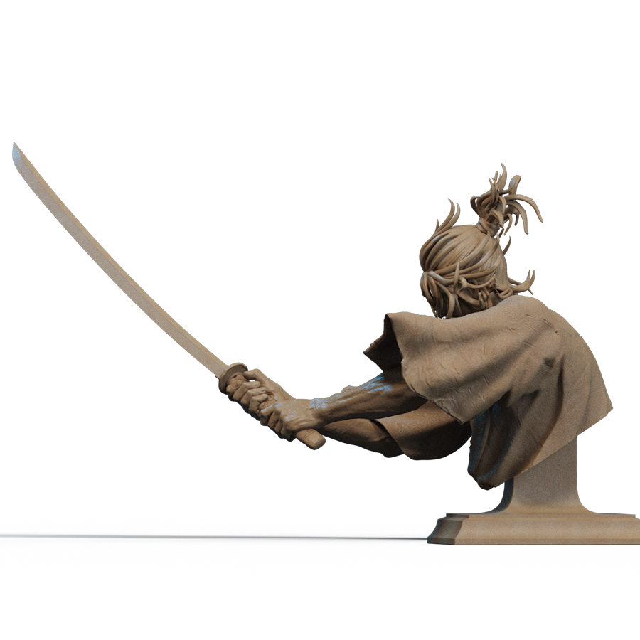 Unpainted Miyamoto Musashi resin bust kit featuring topknot and traditional robes