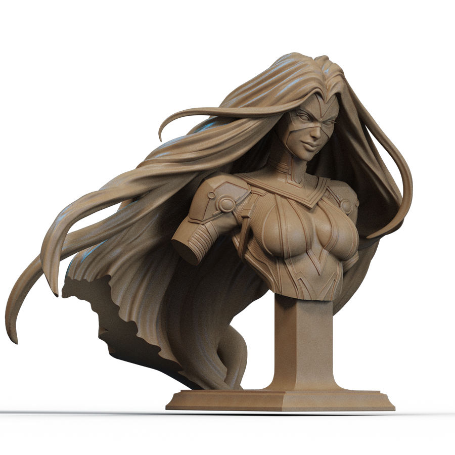Bust of Medusa from Marvel’s Inhumans with flowing hair and armored costume, sculpted by CA3D